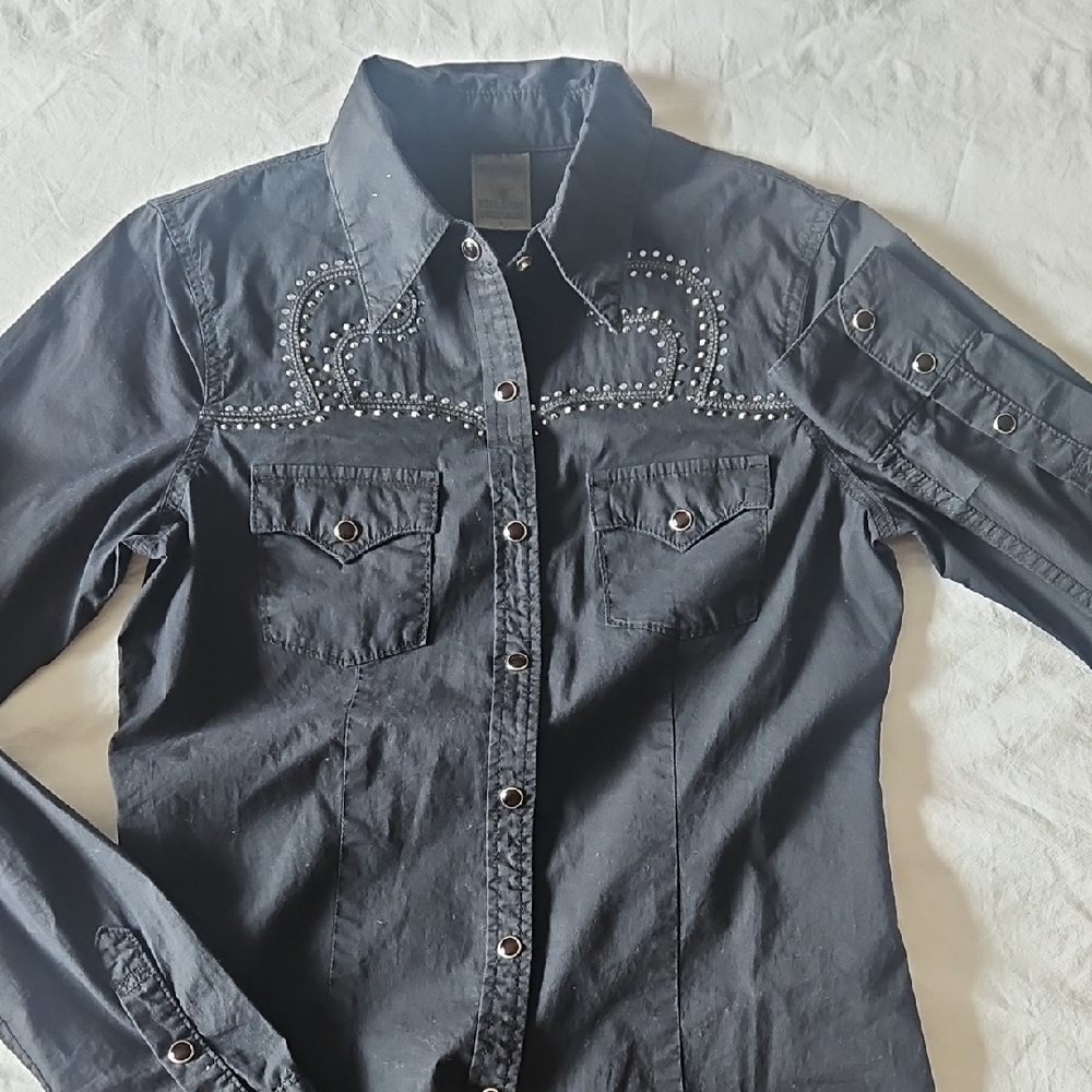 True religion buttoned down shirt. With rhinestones. Black. Excellent Condition.